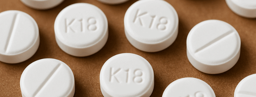 Round K18 white tablets scattered on a flat surface, commonly associated with prescription medications.