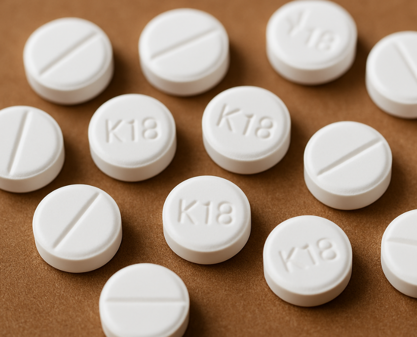 Round K18 white tablets scattered on a flat surface, commonly associated with prescription medications.