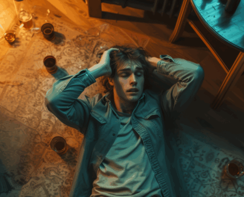 A gay alcoholic person looking drunk while lying on the floor.