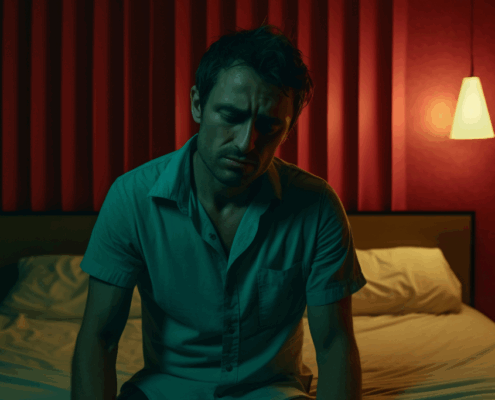 A gay man sitting on the edge of a bed in room admitting he has an addiction problem.