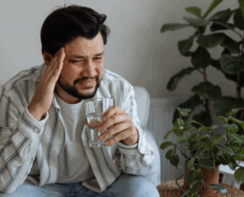 A bisexual person suffering from a headache from alcohol withdrawal sypmtoms.