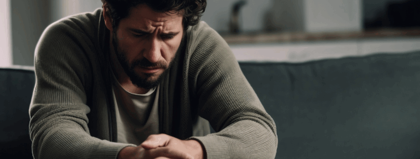 Gay man sitting alone on a couch appearing overwhelmed because of addiction.