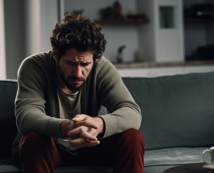 Gay man sitting alone on a couch appearing overwhelmed because of addiction.