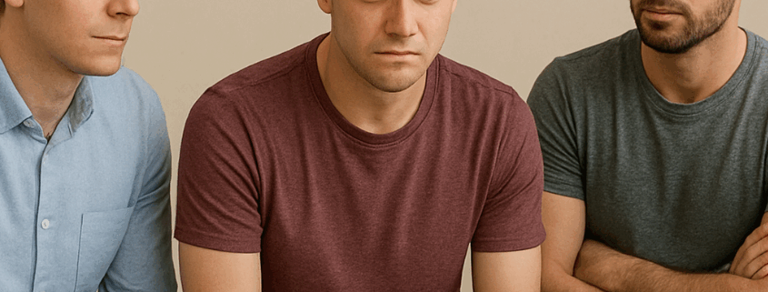 A nervous gay man sits in a group at a gay friendly rehab.
