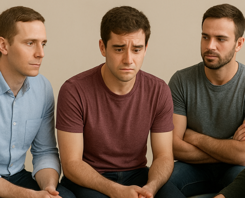 A nervous gay man sits in a group at a gay friendly rehab.