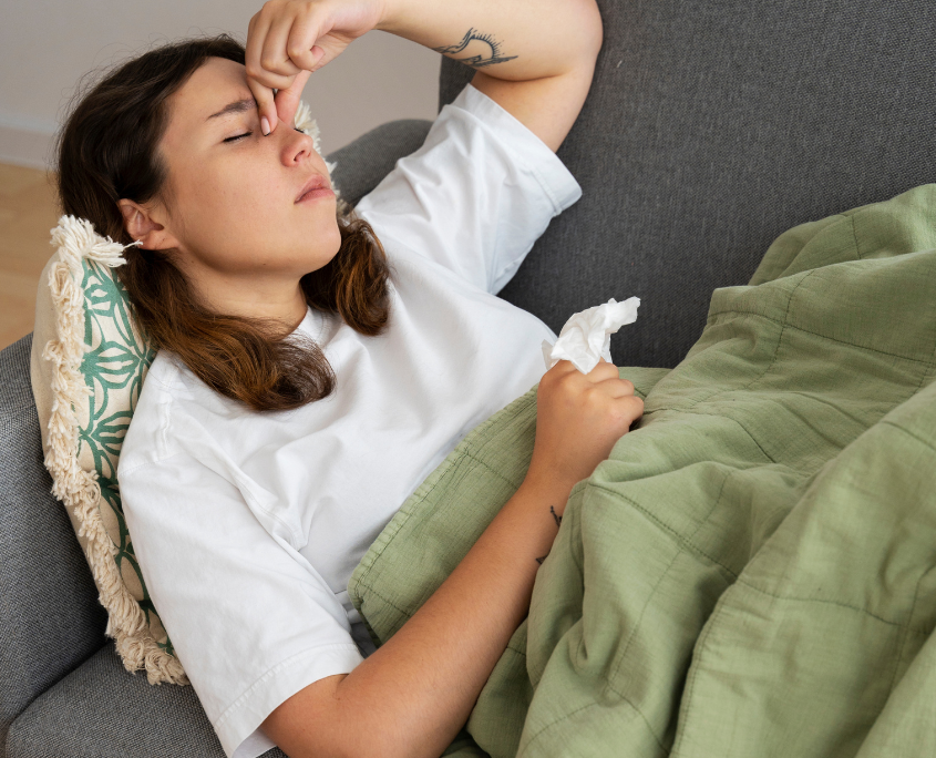 A lesbian woman lying on a couch holding a tissue and looking unwell from klonopin withdrawal.