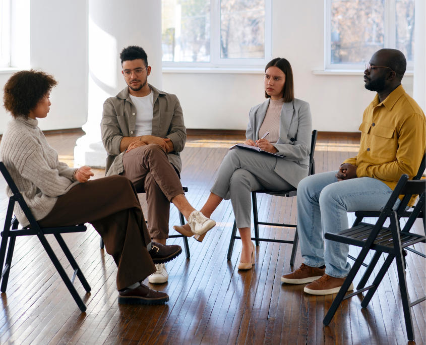 A group of LGBTQ individuals in a sober support group therapy.