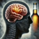 A picture of a human head with a detailed view of the brain, and a blurred bottle of alcohol in the background.