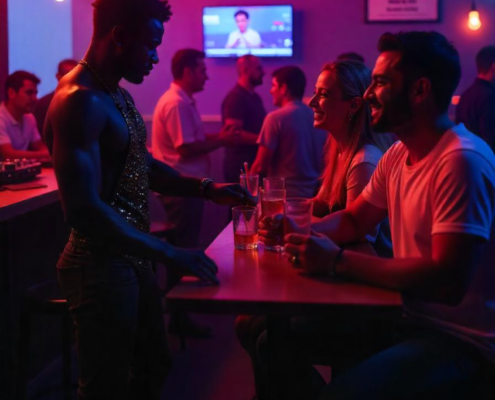 A group of LGBTQ individuals as they enjoy nightlife, highlighting the duality of gay nightlife and mental health and the crucial connection between them.