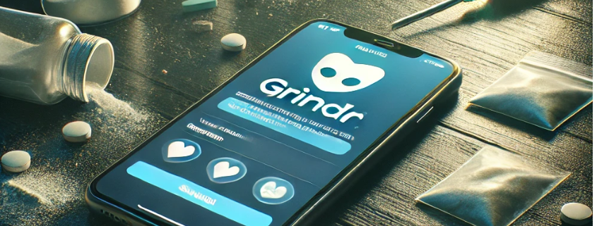 A phone showing grindr logo app, surrounded by substances used in chemsex.