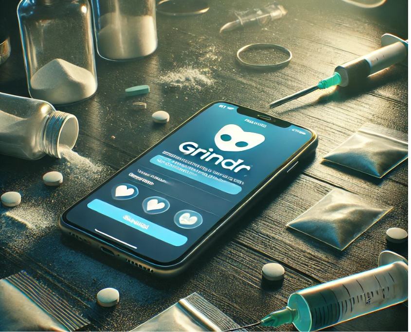 A phone showing grindr logo app, surrounded by substances used in chemsex.